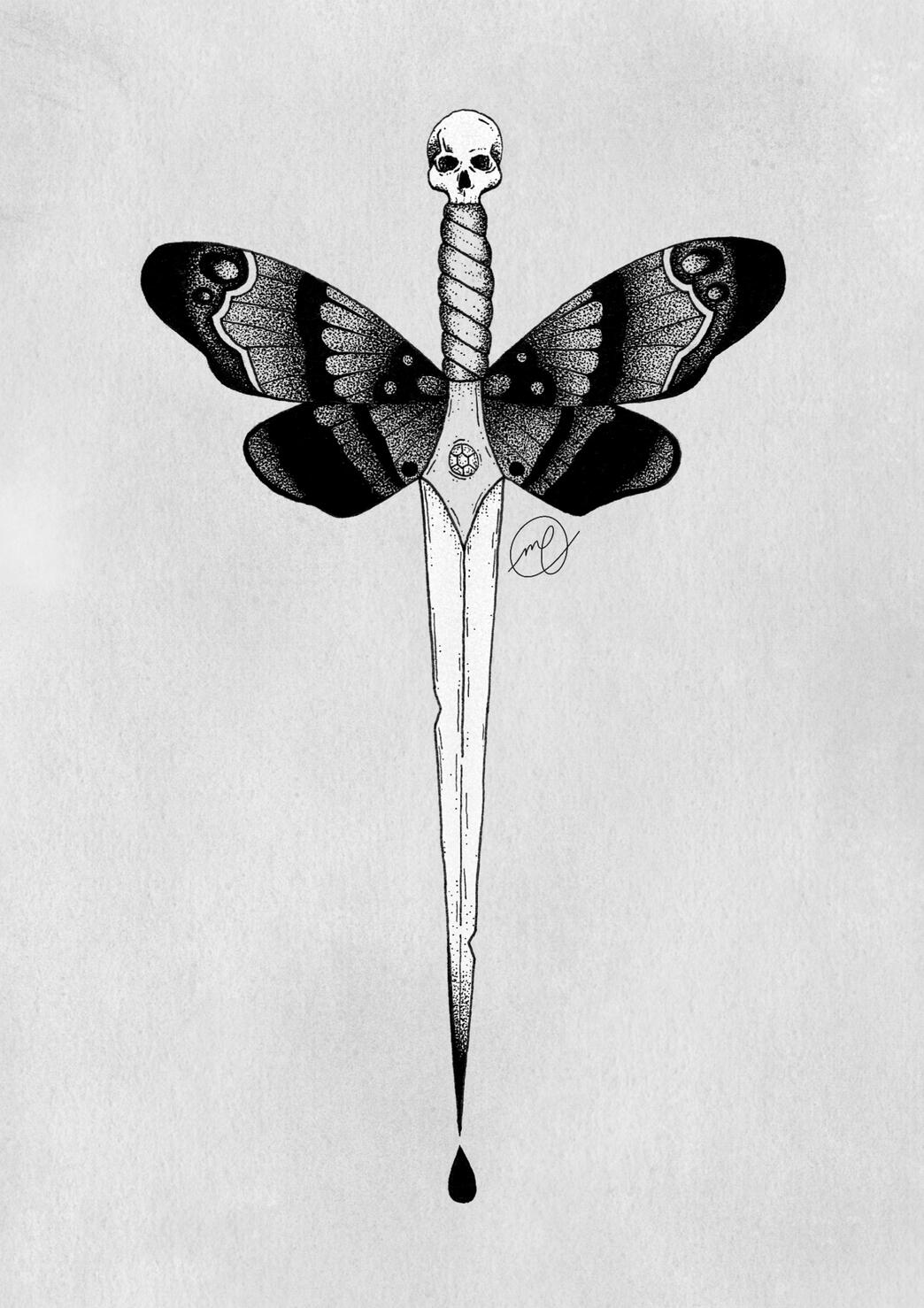 "Moth Dagger", 2022 ink on paper 5 x 7"